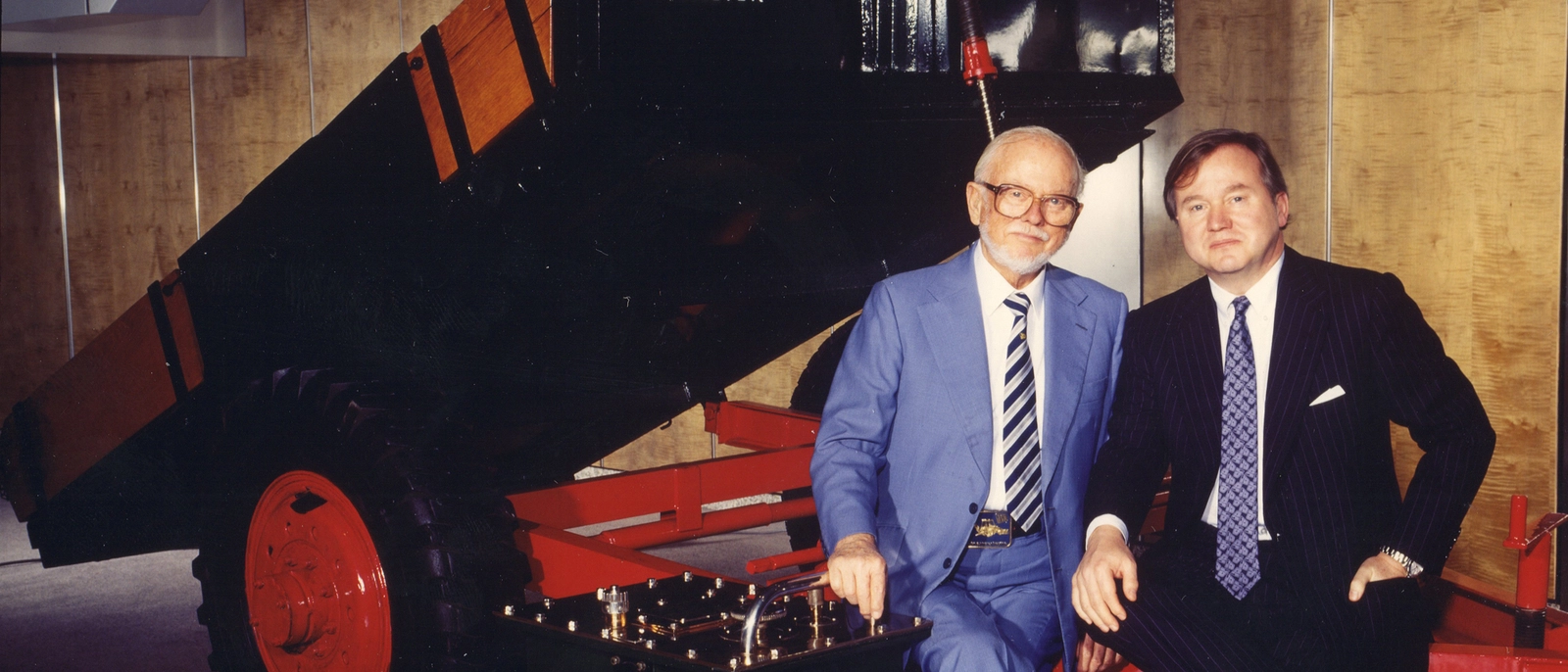 Mr JCB and Lord Bamford on Trailer in reception