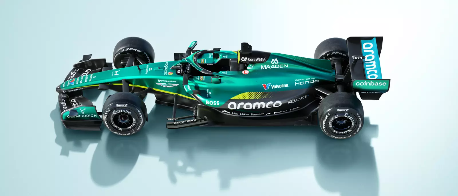JCB x Aston Martin Aramco Formula One™ Team 2026 car side ariel shot
