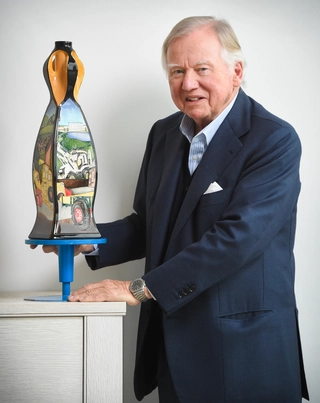 Moorcroft pottery bespoke vase with Lord Bamford, vertical