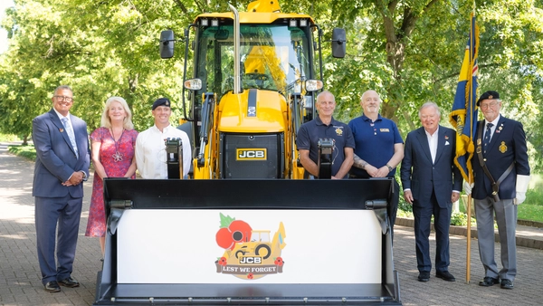 Pictured left to right at the launch are Andrew Simmill, of Rayne Engineering; Annmarie Jones of the Royal British Legion Poppy Appeal; JCB employee Karl Sutton, retired firefighter Kelvin Jones; JCB employee Tim Constantino; Lord Bamford and retired JCB employee Gil Mould of the Cheadle branch of the Royal British Legion.