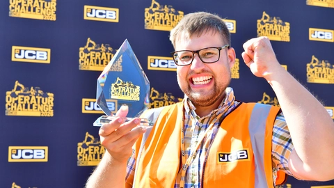 JCB Operator of the Year 2026 winner Tom Balls of JC Balls & Sons celebrating his victory.
