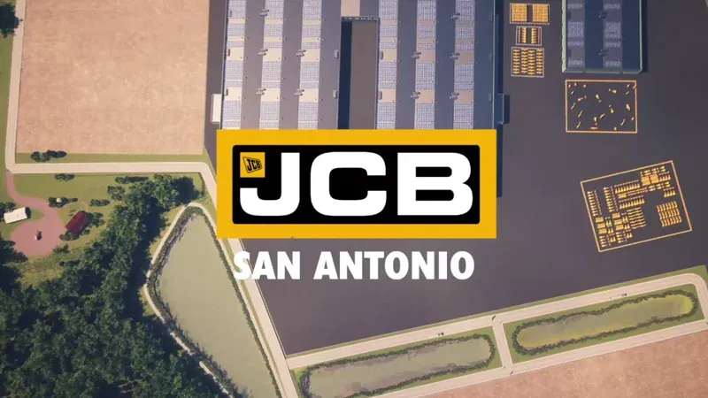 Showcasing JCB’s new San Antonio facility, featuring the grand exterior and the assembly floor inside.